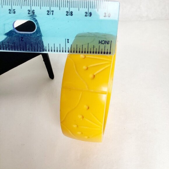 Carved Bangle Bracelet Bright Yellow Wide Thick and Heavy Spring Summer Bracelet - Picture 6 of 6